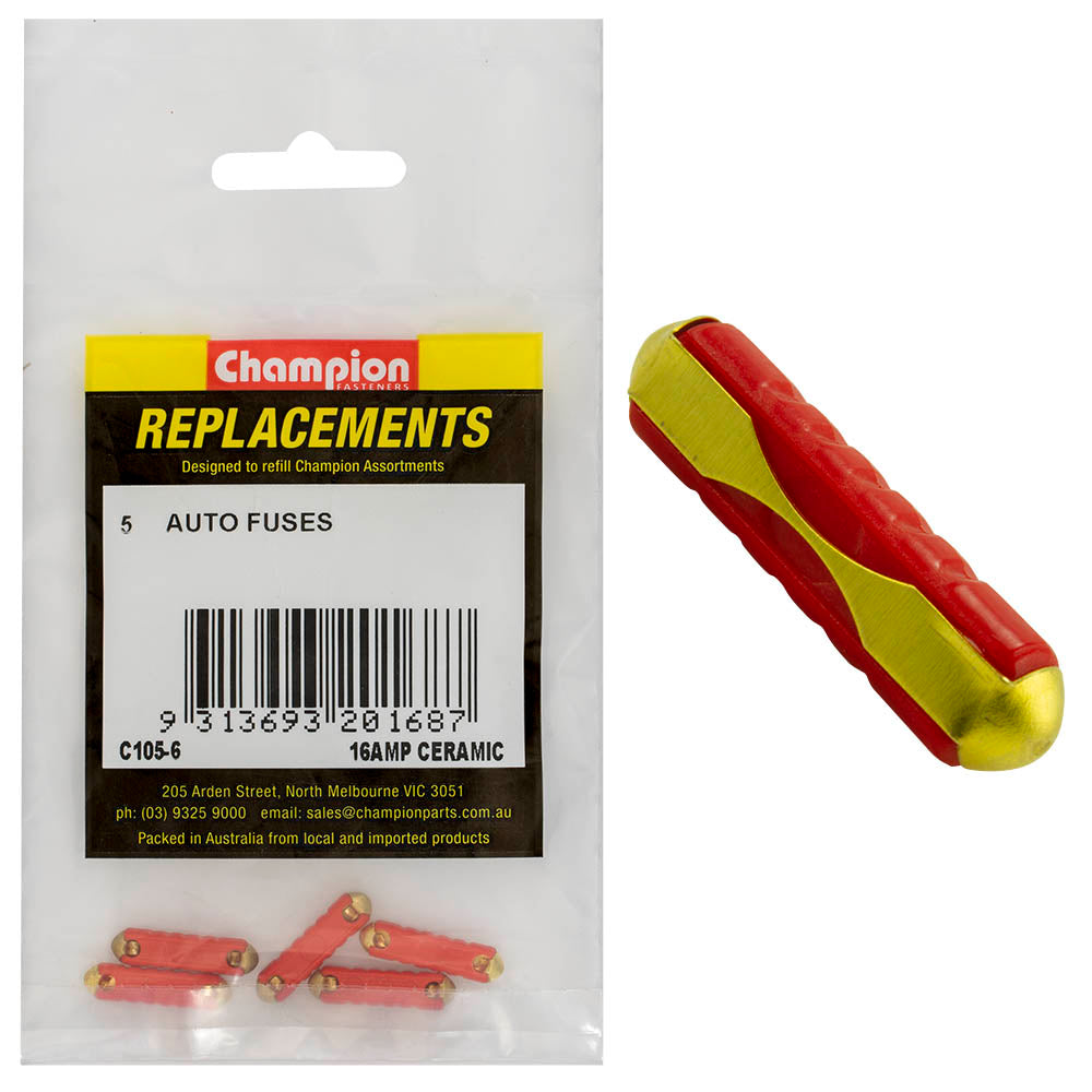 Champion 6Ac 16Amp Ceramic (Euro) Fuse -5pk