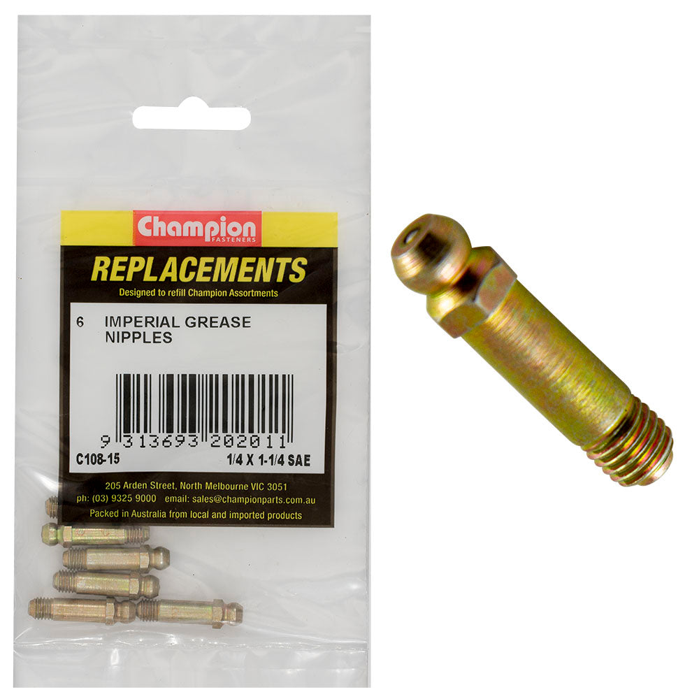 Champion 1/4in UNF (Sae) x 1-1/4in Str. Grease Nip. -6pk