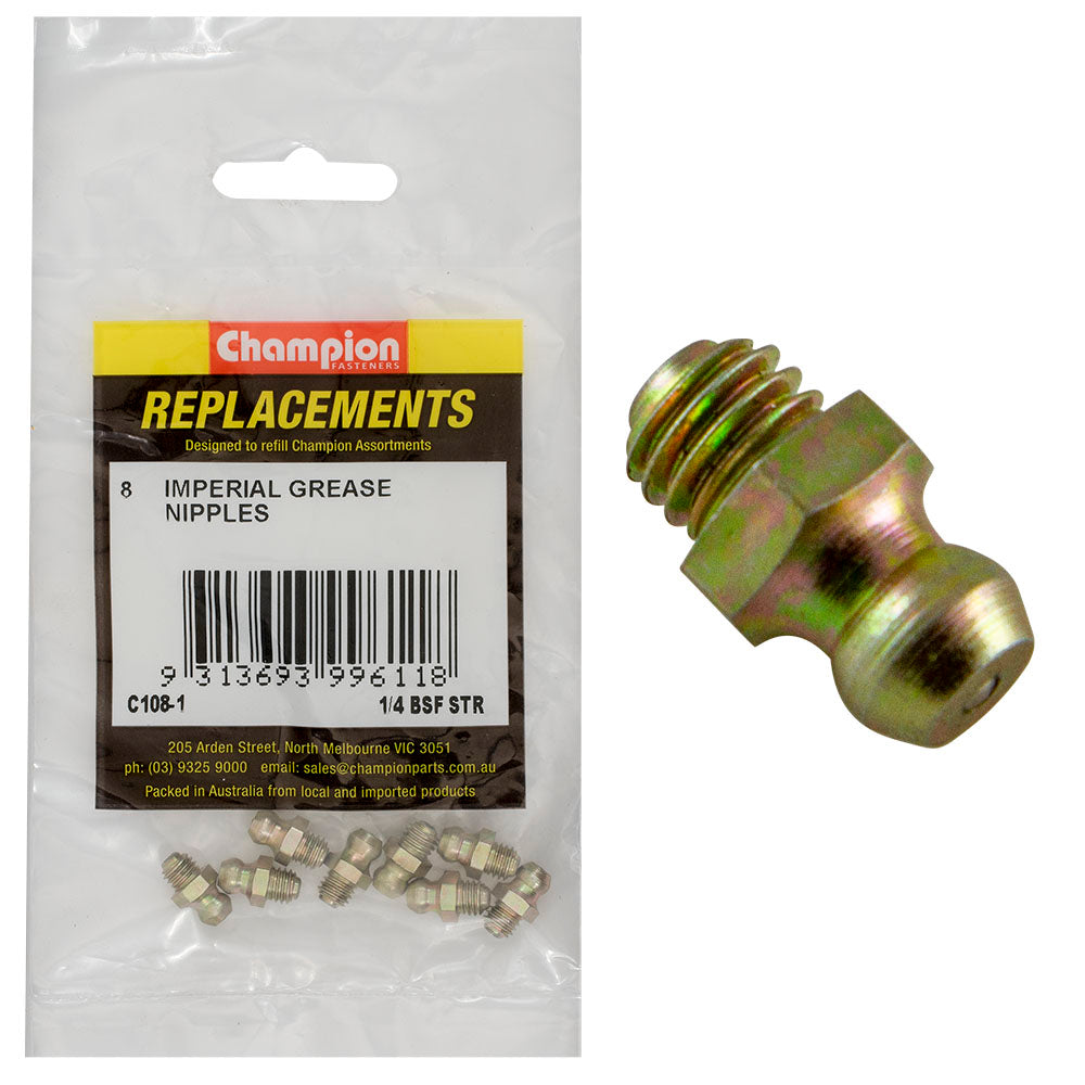 Champion 1/4in BSF Straight Grease Nipple -8pk
