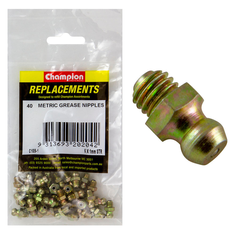 Champion M6 x 1.00mm Straight Grease Nipple -40pk