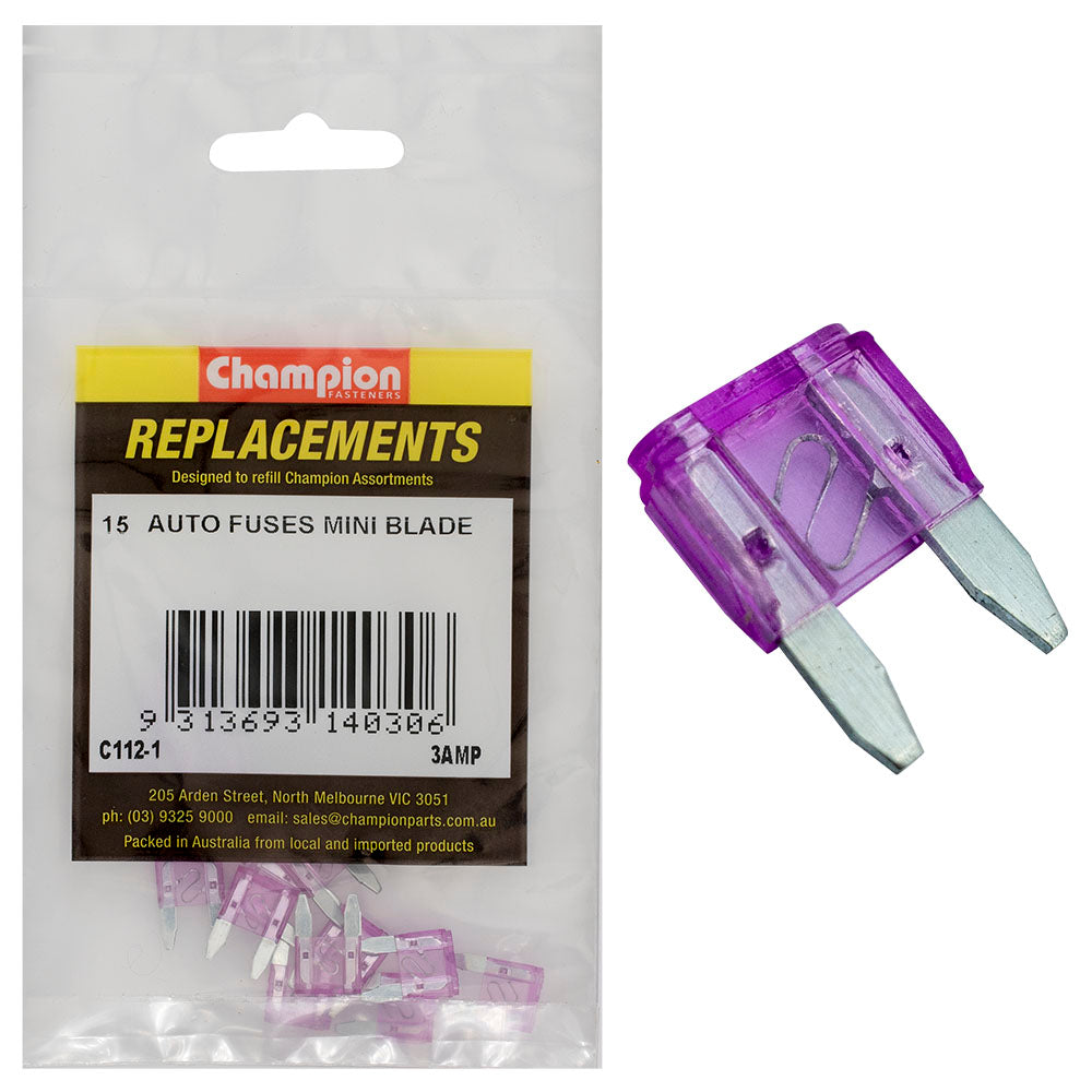 Champion 3Amp Mini Blade Fuse (Violet) -15pk
