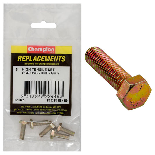 Champion 1/4in x 3/4in UNF Set Screw -Gr5 -5pk