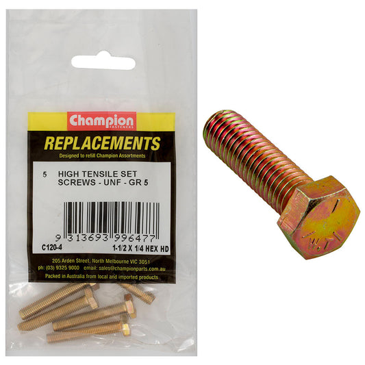 Champion 1/4in x 1-1/2in UNF Set Screw -Gr5 -5pk