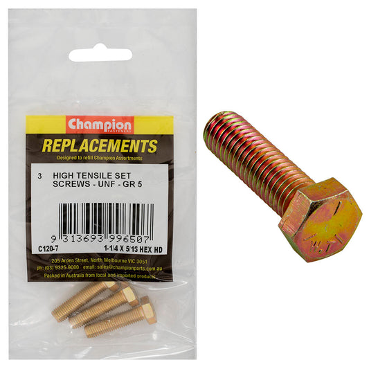 Champion 5/16in x 1-1/4in UNF Set Screw -Gr5 -3pk