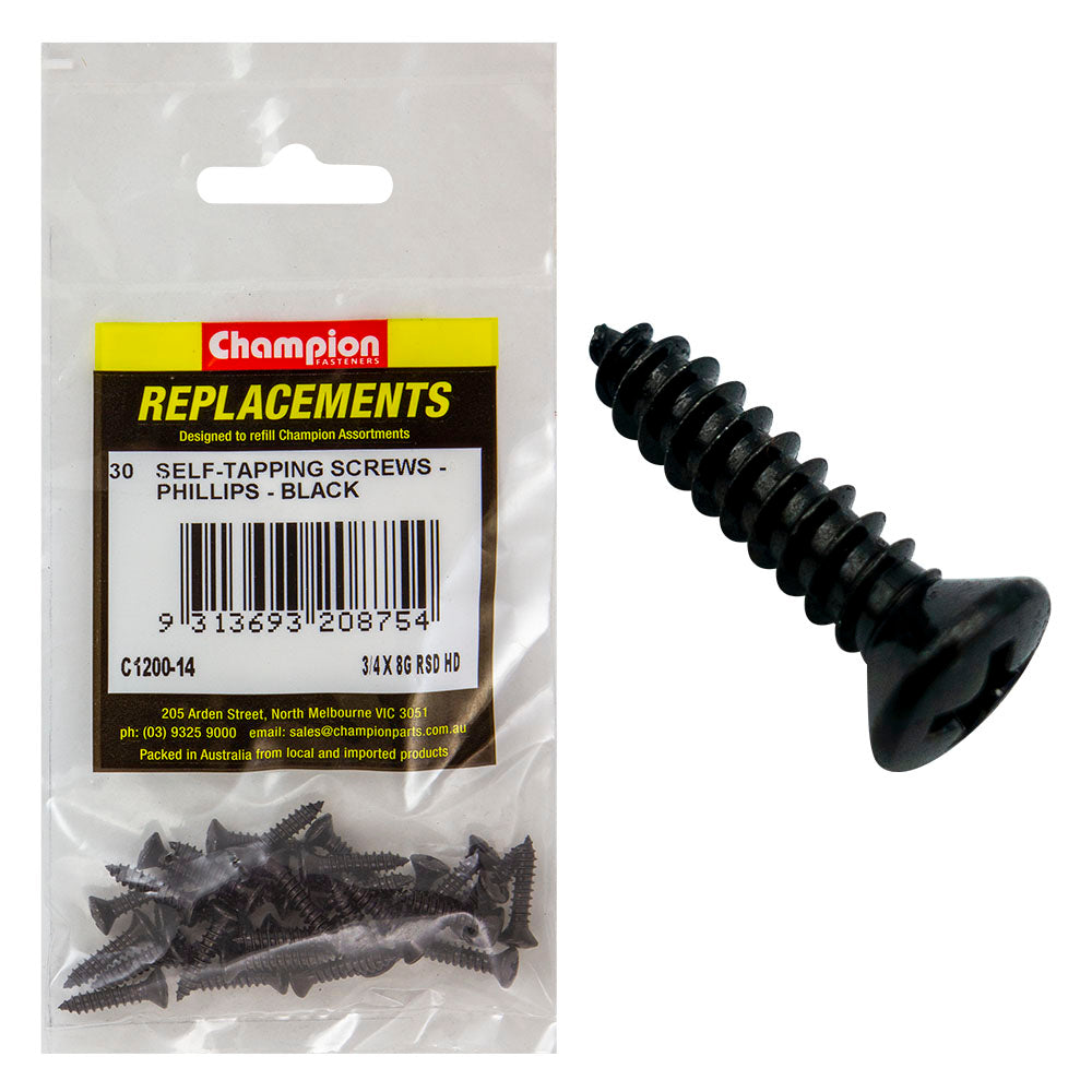 Champion 8G x 3/4in S/Tapping Screw Raised Head Ph Blk -30pk