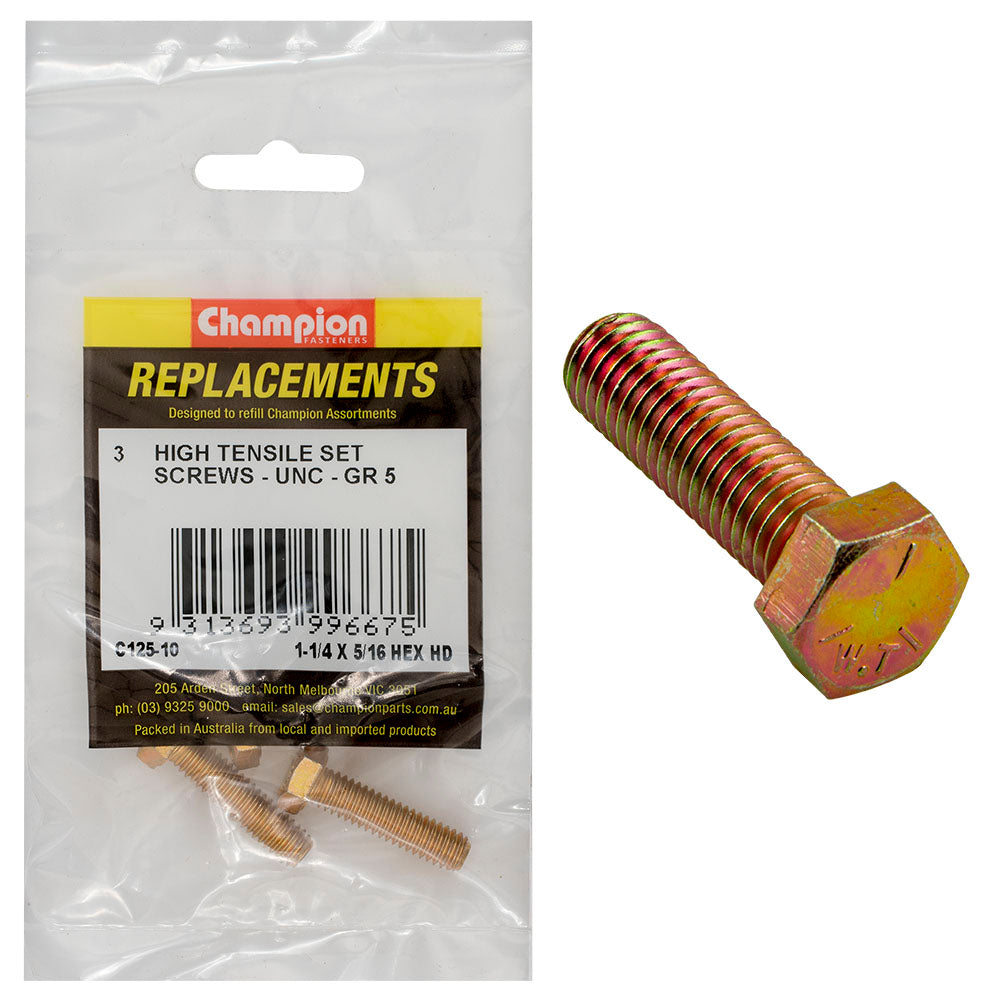 Champion 5/16in x 1-1/4in UNC Set Screw -Gr5 -3pk