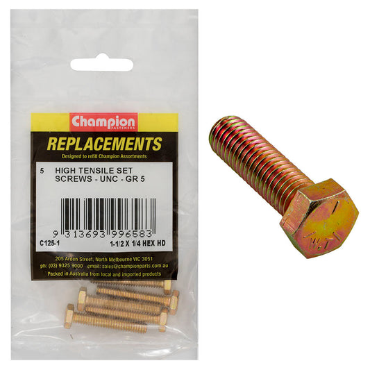 Champion 1/4in x 1-1/2in UNC Set Screw -Gr5 -5pk