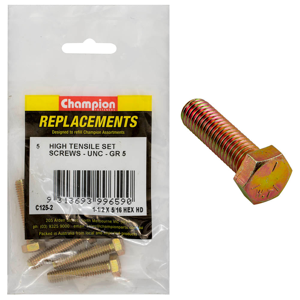 Champion 5/16in x 1-1/2in UNC Set Screw -Gr5 -5pk