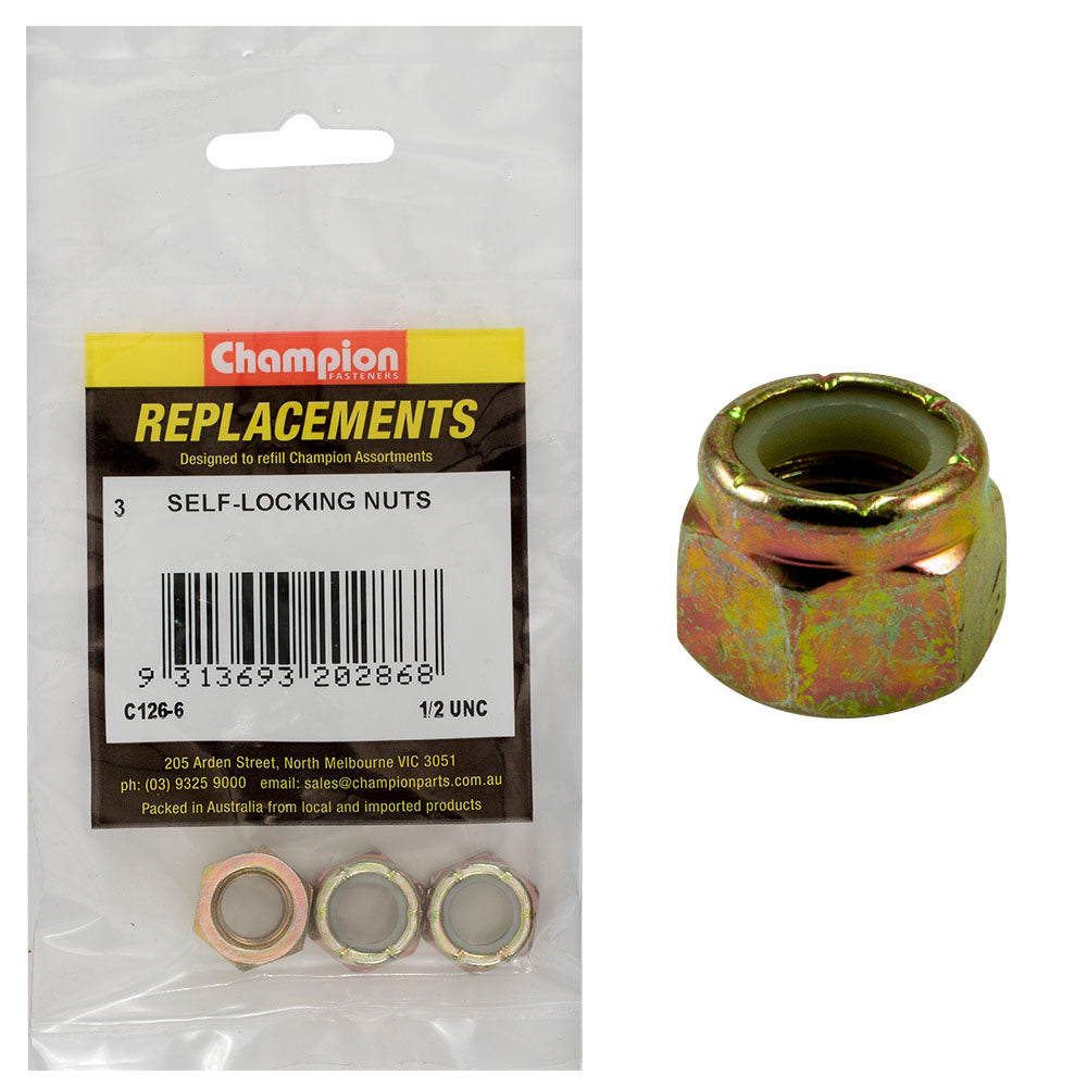 Champion 1/2in UNC Nylon insert Self-Locking Nut -3pk