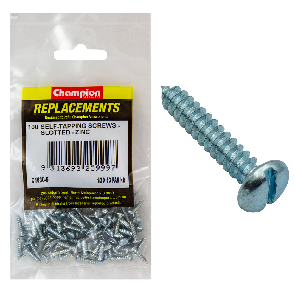 Champion 6G x 1/2in S/Tapping Screw Pan Head Slot -100pk