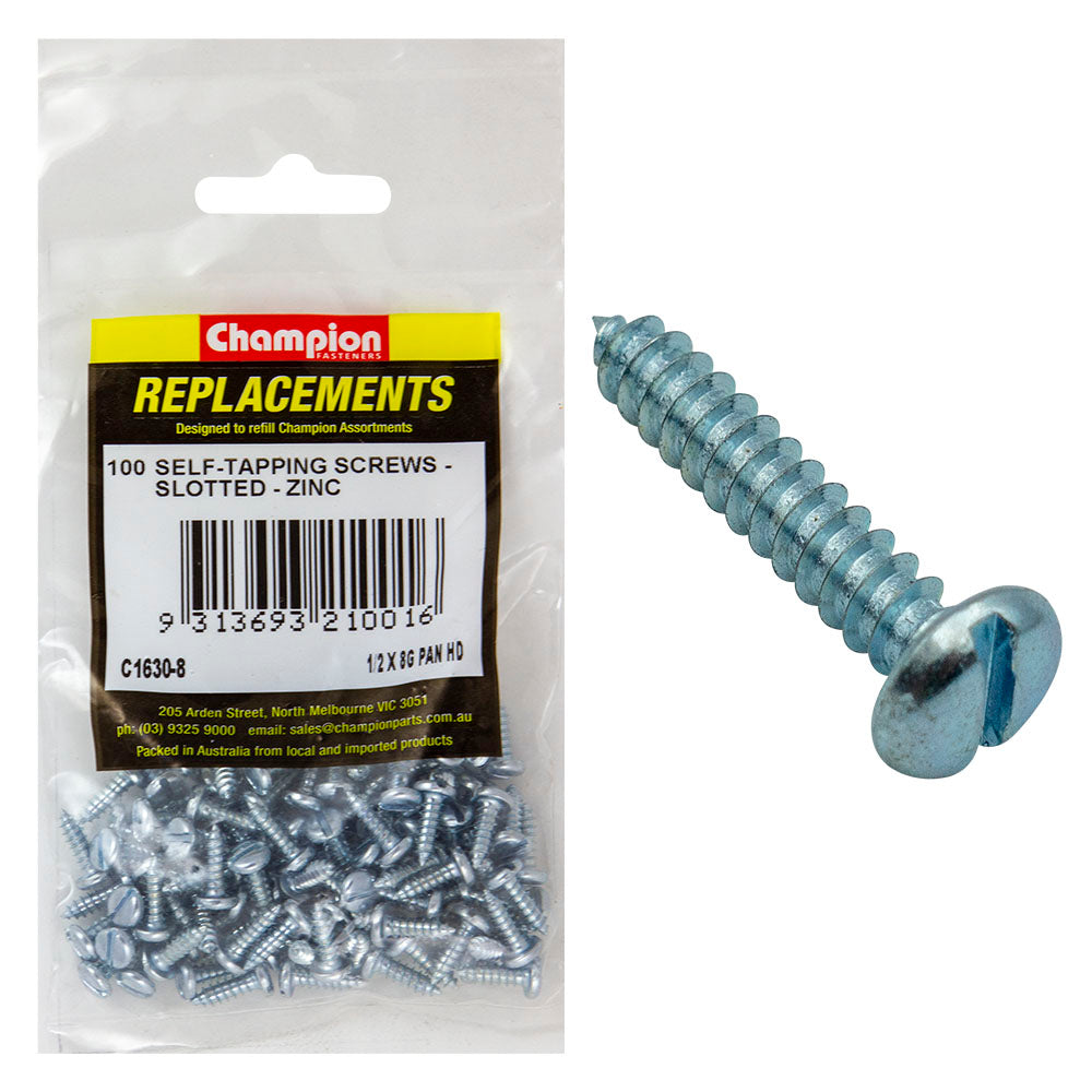 Champion 8G x 1/2in S/Tapping Screw Pan Head Slot -100pk