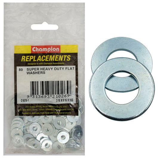 Champion 3/16in x 9/16in x 16G H/Duty Flat Steel Washer-80pk