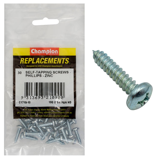 Champion 10G x 3/4in S/Tapping Screw Pan Head Phillips (Zn)