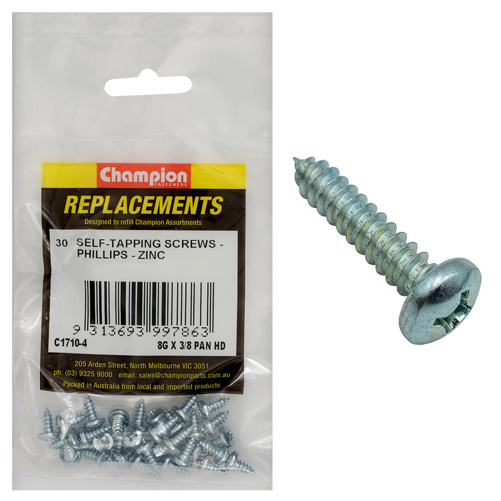 Champion 8G x 3/8in S/Tapping Screw Pan Head Phillips - 30pk