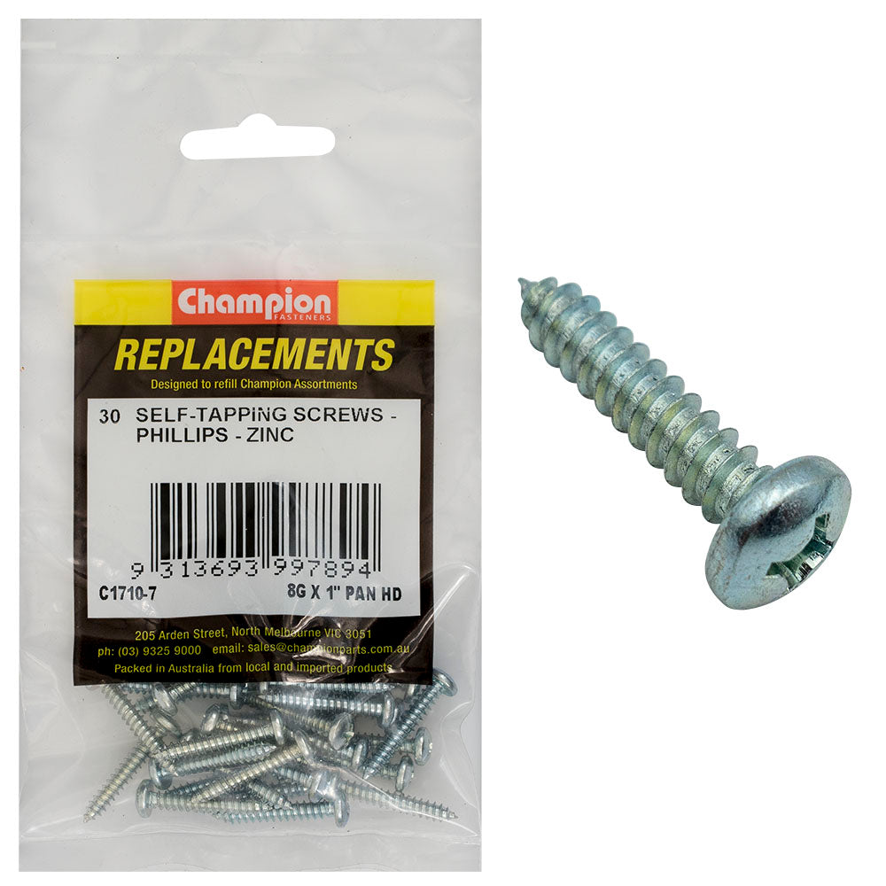 Champion 8G x 1in S/Tapping Screw Pan Head Phillips(Zn)-30pk