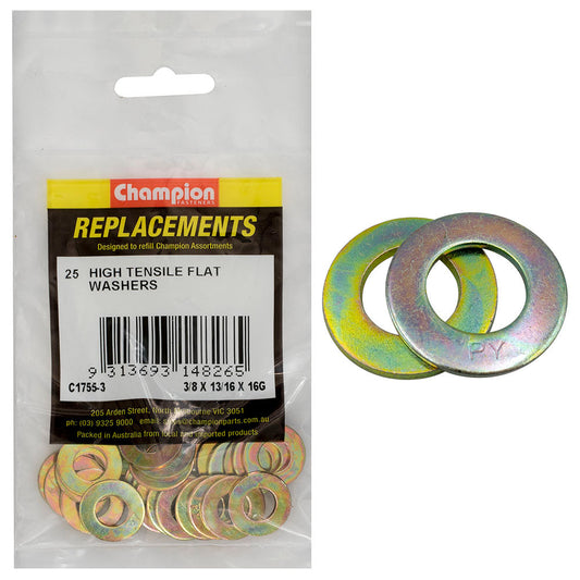 Champion 3/8in x 13/16in x 16G Ht Flat Steel Washer(Zn)-25pk