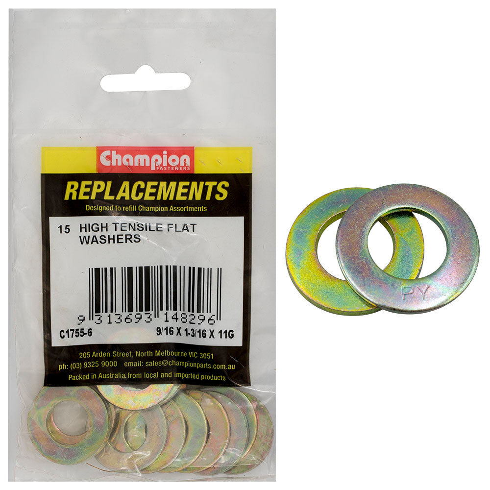 Champion 9/16in x 1-3/16in x 11G Ht Flat Steel Washer - 15pk
