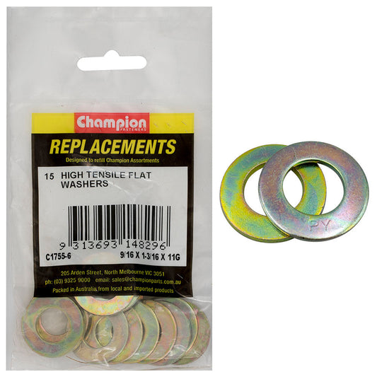 Champion 9/16in x 1-3/16in x 11G Ht Flat Steel Washer - 15pk