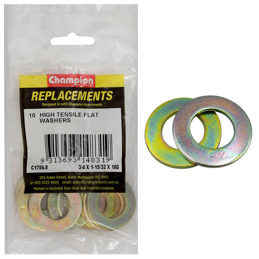 Champion 3/4in x 1-15/32in x 10G Ht Flat Steel Washer - 10pk