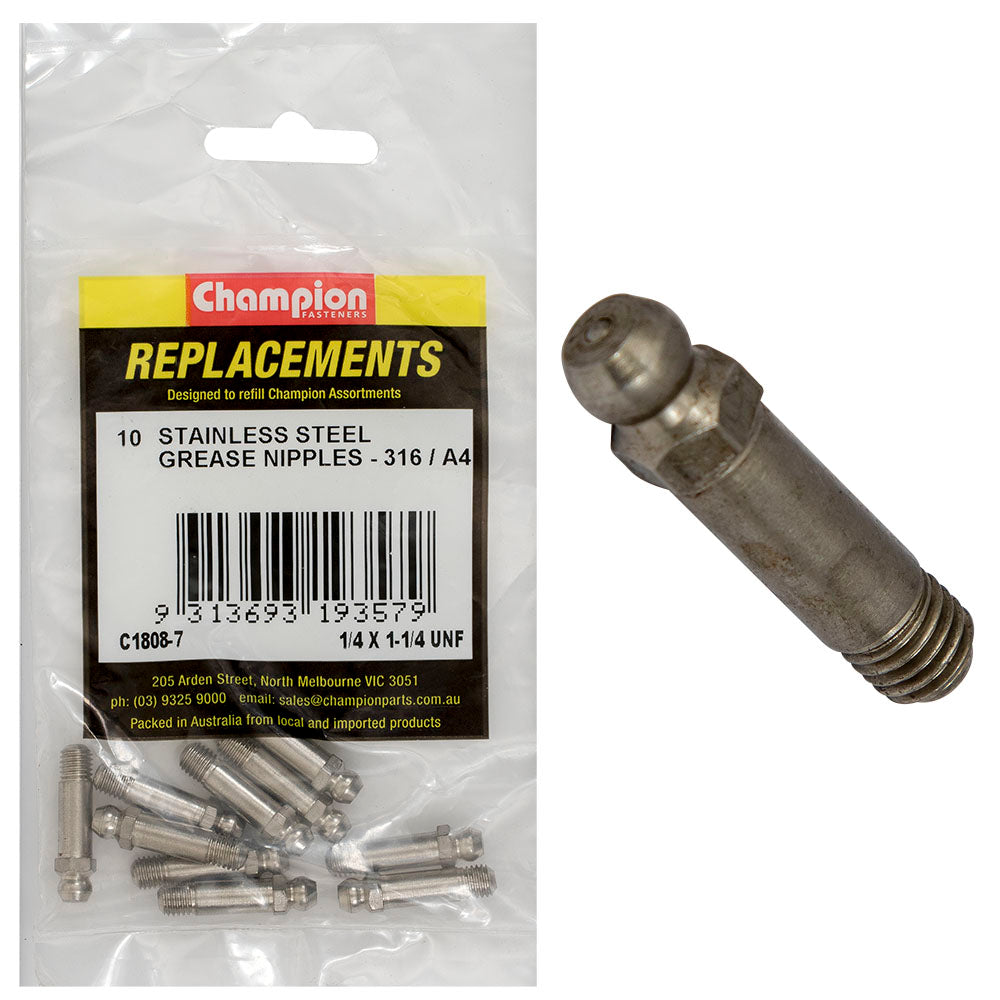 Champion Grease Nipple Stainless 1/4 x 1-1/4in 316/A4 - 10pk