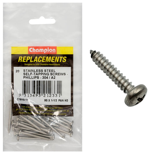 Champion 8G x 1-1/2in S/Tapping Screw Pan Hd PH 304/A2 -20pk
