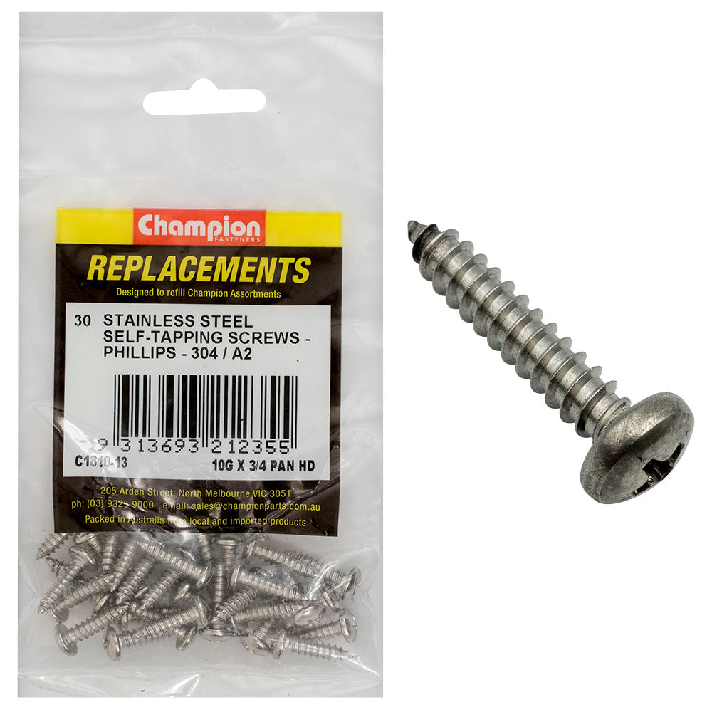 Champion 10G x 3/4in S/Tapping Screw Pan Hd Phillips 304/A2