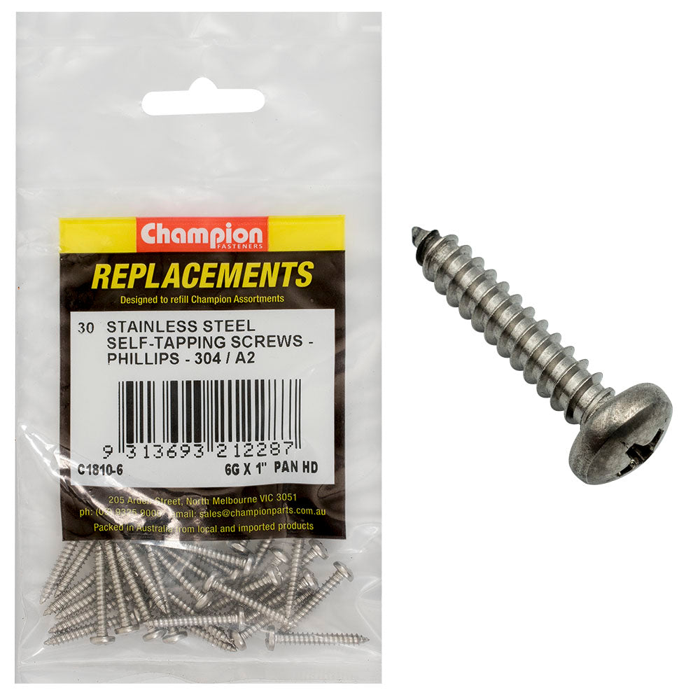 Champion 6G x1in S/Tapping Screw Pan Hd Phillips 304/A2-30pk