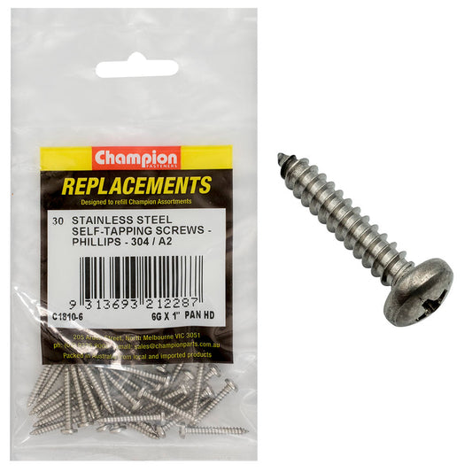 Champion 6G x1in S/Tapping Screw Pan Hd Phillips 304/A2-30pk