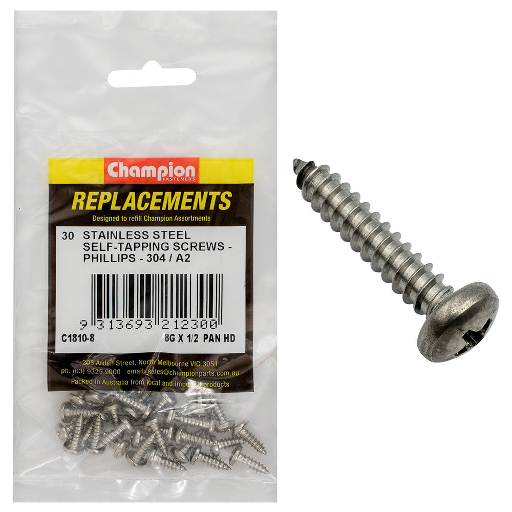 Champion 8G x 1/2 S/Tappg Screw Pan Hd Phillips 304/A2 -30pk