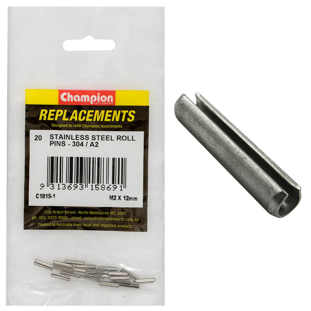 Champion 2mm x 12mm Stainless Roll Pin 304/A2 -20pk