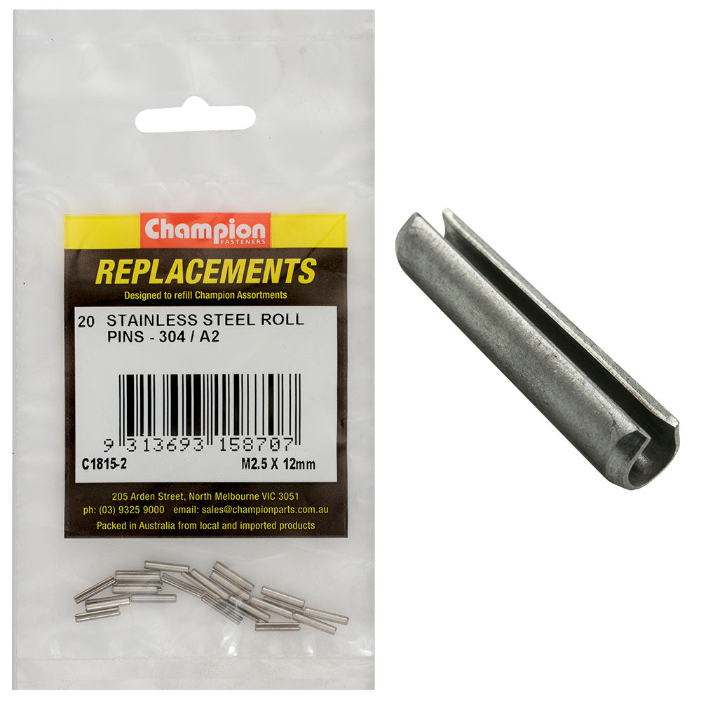 Champion 2.5mm x 12mm Stainless Roll Pin 304/A2 -20pk