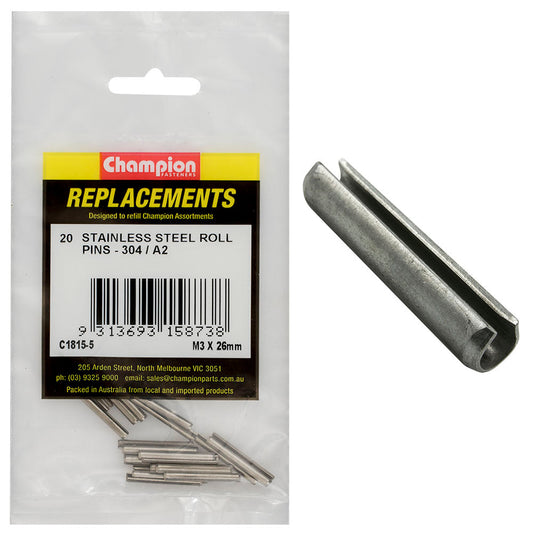 Champion 3mm x 26mm Stainless Roll Pin 304/A2 -20pk
