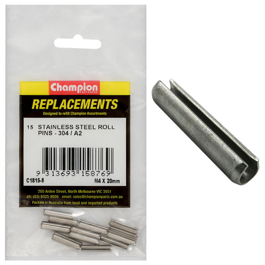 Champion 4mm x 20mm Stainless Roll Pin 304/A2 -15pk
