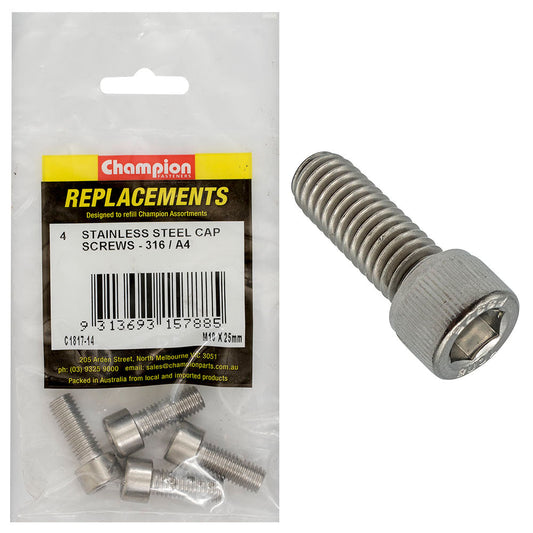 Champion M10 x 25mm Socket Cap Screw 316/A4 -4pk