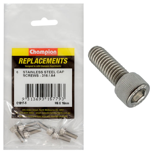 Champion M6 x 16mm Socket Cap Screw 316/A4 -6pk
