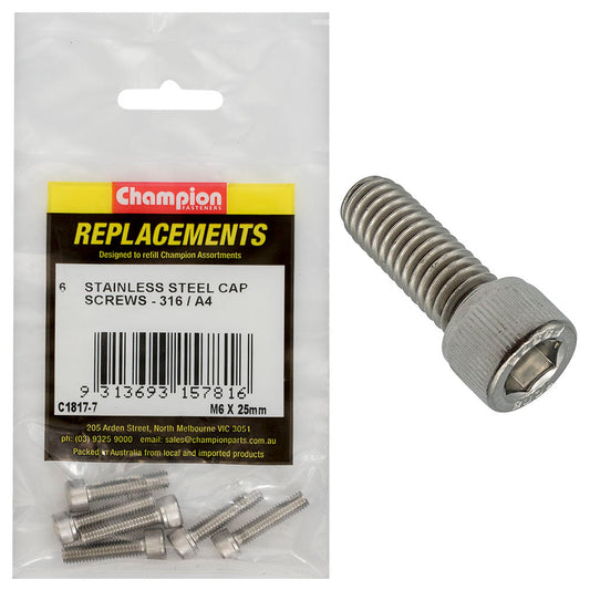 Champion M6 x 25mm Socket Cap Screw 316/A4 -6pk