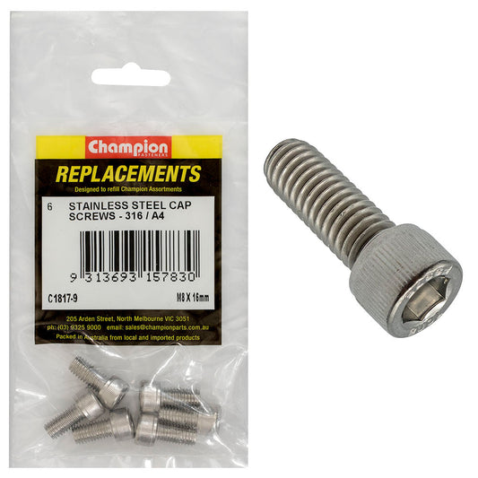 Champion M8 x 16mm Socket Cap Screw 316/A4 -6pk