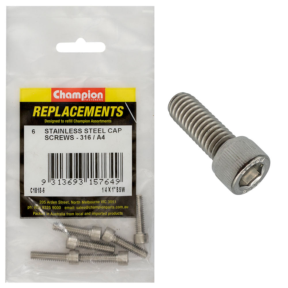 Champion 1/4in x 1in BSW Socket Cap Screw 316/A4 -6pk