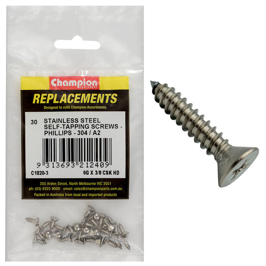 Champion 6G x 3/8 S/Tappg Screw Csk Hd Phillips 304/A2 -30pk