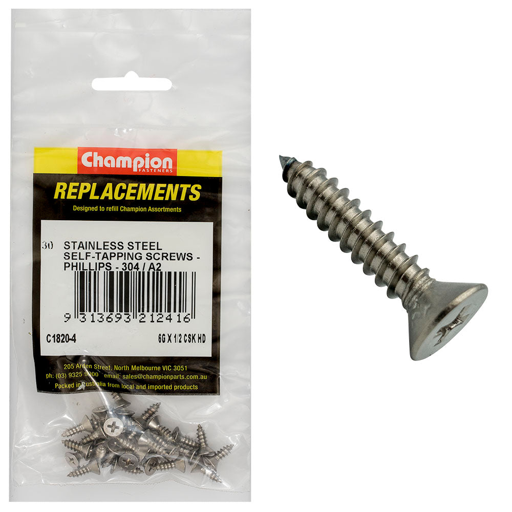 Champion 6G x 1/2 S/Tappg Screw Csk Hd Phillips 304/A2 -30pk