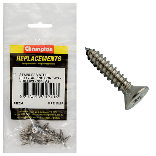 Champion 6G x 1/2 S/Tappg Screw Csk Hd Phillips 304/A2 -30pk