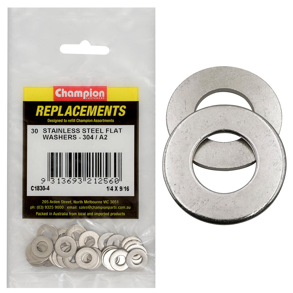 Champion 1/4in x 9/16in Stainless Flat Washer 304/A2 -30pk