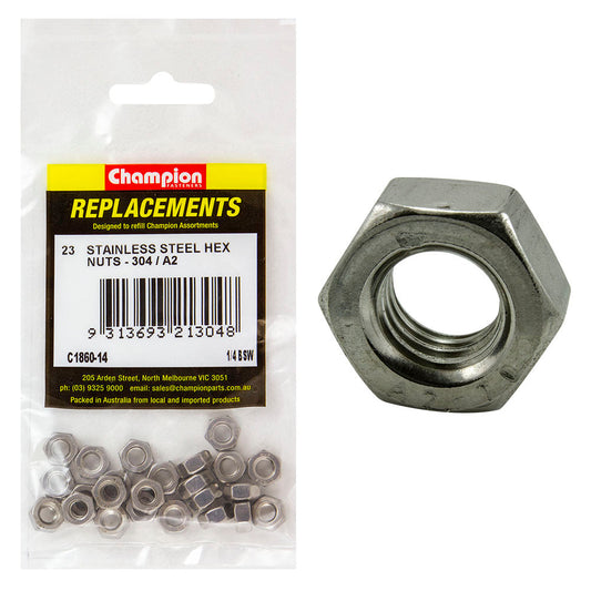 Champion 1/4in BSW Stainless Hex Nut 304/A2 -23pk