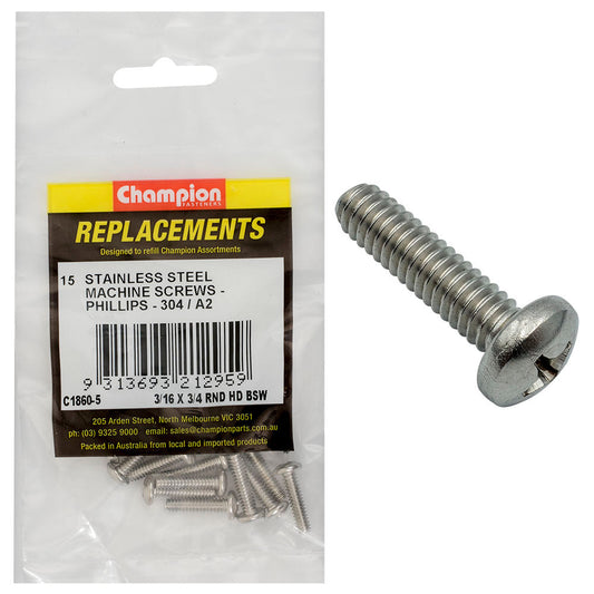 Champion 3/16in x 3/4in BSW Machine Screw Pan Ph 304/A2-15pk