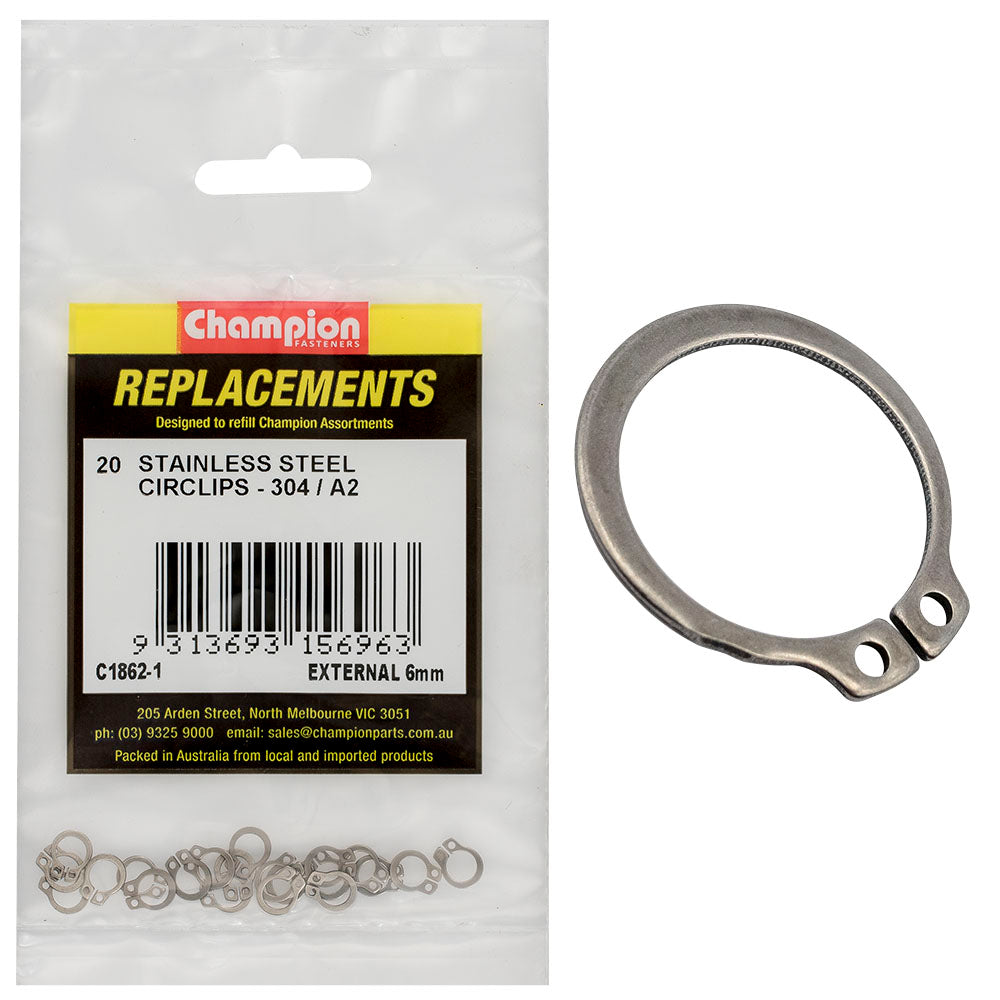 Champion 6mm Stainless External Circlip 304/A2 -20pk