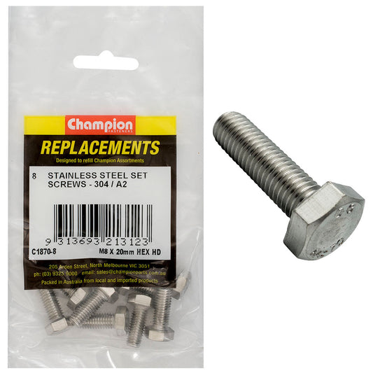 Champion M8 x 20mm Stainless Set Screw 304/A2 -8pk