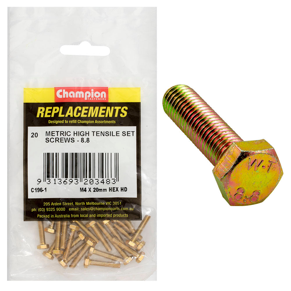 Champion M4 x 20mm x 0.7 Set Screw -Gr.8.8 -20pk