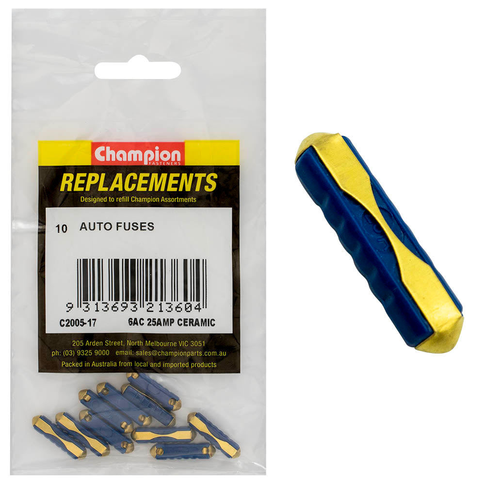 Champion 6Ac 25Amp Ceramic (Euro) Fuse -10pk