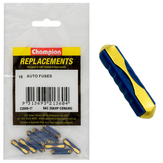 Champion 6Ac 25Amp Ceramic (Euro) Fuse -10pk
