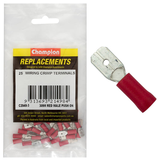 Champion Red Male Push-On Spade Terminal -25pk
